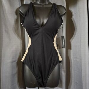 TA3 Plungey Contour One Piece Swimsuit Black Oat Sculpting Lace Up Back Large RL